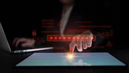 Password security breach warning with red asterisk box, cybersecurity alert, lock icons, and critical vulnerability signals in digital system access Latchの写真素材