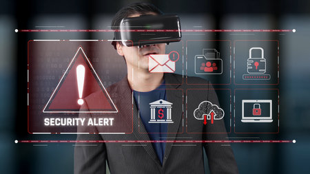 A business professional wearing a virtual reality headset stands against a backdrop of digital...