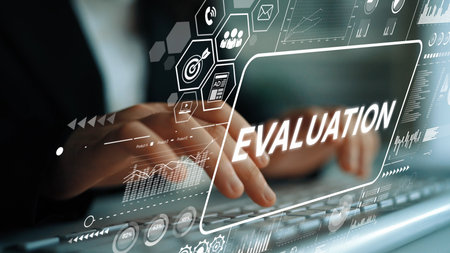 Digital Evaluation Concept with Graphs, Charts, and Business Icons on Keyboard Background for...