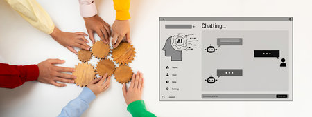 Diverse hands gather around wooden gears, symbolizing teamwork and collaboration, while an AI...