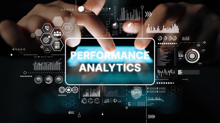Hands Engaging with Touchscreen Display Featuring Performance Analytics and Data Visualization Elements. Asymptotic smart data analytic.の写真素材