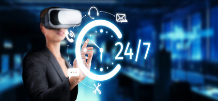 A businesswoman wearing a virtual reality headset interacts with 24/7 customer service support...