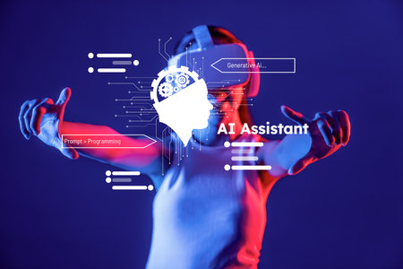 Explore the intersection of AI and virtual reality through this captivating image showcasing a futuristic AI assistant, emphasizing innovation and technology.の写真素材