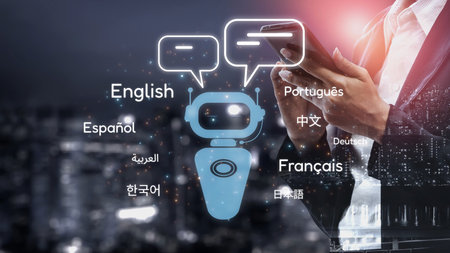 Global communication with multiple languages, digital translation tools, multilingual technology, cross-cultural communication, and virtual language learning environments.の写真素材
