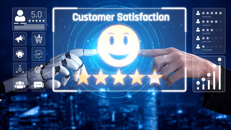AI analyzes customer satisfaction data, feedback ratings, and review sentiment to improve services, automate support, and enhance brand reputation.の写真素材