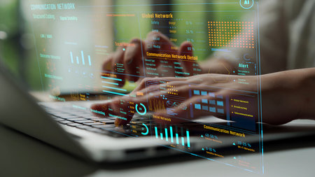 Data center monitoring dashboard visualize network performance, connection status, usage rate, and...