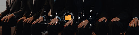 A group of business professionals in suits waiting in a modern office space, surrounded by digital icons symbolizing connectivity, collaboration, and innovation.の写真素材