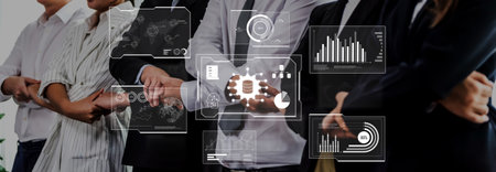 A diverse business team collaborates in a modern office setting, focusing on innovative data...