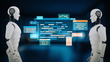 AI artificial intelligence assists software development through smart coding tools, virtual assistant debugging, and intelligent automation in digital product creation.の写真素材