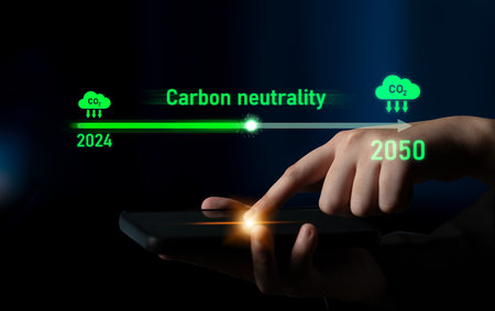 Carbon neutrality timeline illustrates carbon, neutrality, and reduction targets from 2024 to 2050 to support global sustainability and green initiativesの写真素材