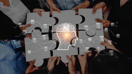 A diverse group of individuals collaboratively holding puzzle pieces, symbolizing teamwork and the integration of artificial intelligence in innovative solutions for modern challenges. Rasterの写真素材