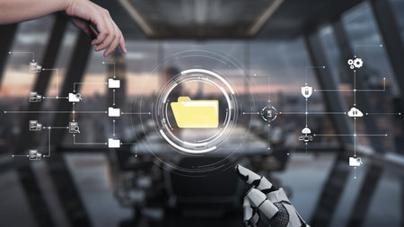 Futuristic digital transformation scene illustrating the interaction between artificial intelligence and data management in a modern office environment, emphasizing innovation.の写真素材