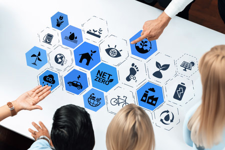 Net zero and sustainability concepts with environmental balance, digital sustainability icons, green...