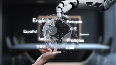 A robotic hand delicately touches a globe, surrounded by multilingual names, embodying the future of communication and technology, highlighting global connectivity through languages.の写真素材