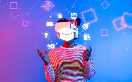 Explore a groundbreaking virtual reality scene showcasing a learner engaged in immersive online education, surrounded by digital symbols representing knowledge and growth.の写真素材