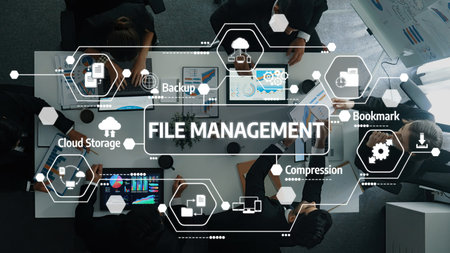 Modern Office Setting for File Management Solutions with Technology Icons and Diverse Professionals Collaborating in a Conference Room.の写真素材