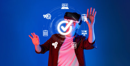 A person engages with virtual reality technology, surrounded by digital icons representing quality...