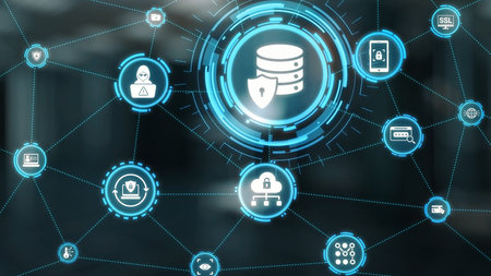 Data privacy and cyber security icons show encryption, data privacy safeguards, and cyber security...