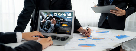 car rental website on computer screen for tourist to rent a car for transportation briskの素材