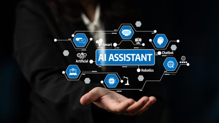 A striking image showcasing an AI assistant concept, emphasizing smart technology and robotics through a hand-held digital interface with various icons and features. Tesselの写真素材