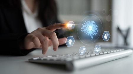 AI integration into systems including speech, chatbot, analytics, automation, and digital intelligence for innovation and smart technology deploymentの写真素材