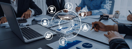 Leadership icons symbolize teamwork, vision, and decision-making. Leadership guides business, leadership supports management success.の写真素材