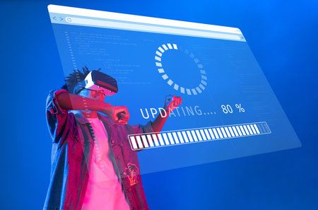 A user engages with a virtual reality interface featuring an updating software progress bar. The...