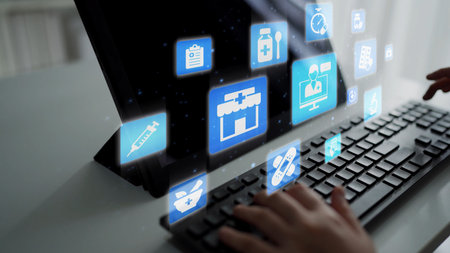 Online pharmacy icons showing medicine, healthcare, prescription and medical services with digital...