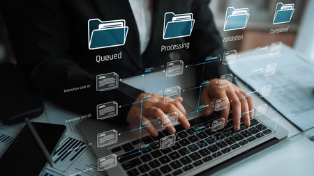 Task workflow system showing document progress through stages. Task tracking improves productivity, ensures visibility, task tracking supports planning, and task tracking manages status.の写真素材