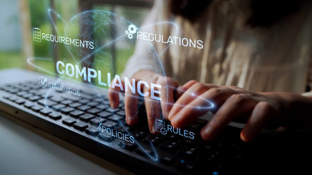 Compliance ensures alignment with standards, laws, and policies. A strong compliance system helps enforce regulation, protect organizations, and improve global compliance transparency.の写真素材