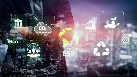 ESG principles guide sustainable business through environment, social, and governance. ESG enhances responsibility, transparency, and values.の写真素材