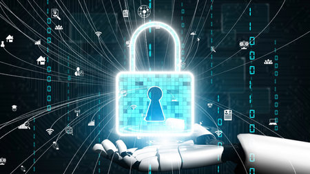 This image illustrates a futuristic lock held by a robotic hand, symbolizing digital security, cyber...