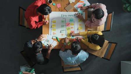 Top view of people writing and making scrum task board while writing marketing and planning strategy at colorful sticky notes. Smart team manage work performance by using kanaban board. Convocation.の写真素材