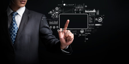 A business professional interacts with advanced big data analytics and marketing strategy tools,...