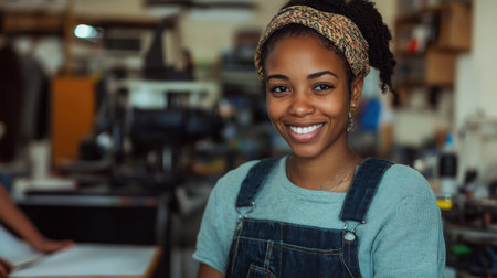 A cheerful young woman with curly hair and a warm smile enjoys her time in a creative workspace, radiating positivity and confidence.の素材