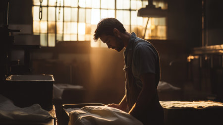 A focused artisan craftsman works with fabric in a softly lit factory, highlighting dedication and skill. The serene atmosphere enhances the creative process.の素材