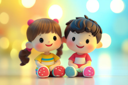 Charming cartoon characters of a boy and girl sitting together, radiating joy and innocence with bright colors and playful expressions, perfect for childrens themes.の素材