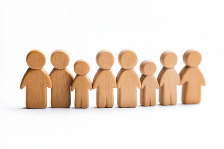 A row of wooden figurines representing family members showcases unity and diversity. This minimalist art piece conveys warmth, connection, and togetherness.の素材