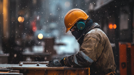 A construction worker wearing a helmet and gear focuses intently on his task as snow falls gently around him in an urban setting, showcasing determination amid challenging weather conditions.の素材