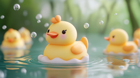 A joyful scene showcasing cute yellow rubber ducklings floating on water, surrounded by soft bubbles and a serene, sunny backdrop, perfect for evoking childhood nostalgia.の素材