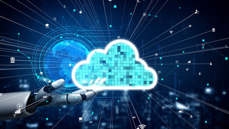A futuristic robot hand presents a stylized cloud symbol amidst digital data streams. The image...