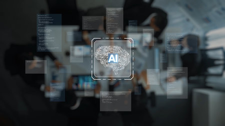 A group of business professionals engages in a collaborative session focused on artificial intelligence, surrounded by digital data and modern technology in a sleek office environment. Rasterの写真素材
