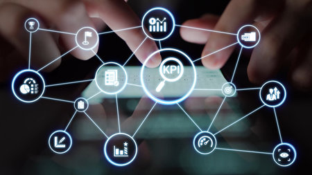 KPI icons show performance metrics, goals, and achievement measurement. KPI helps business track...