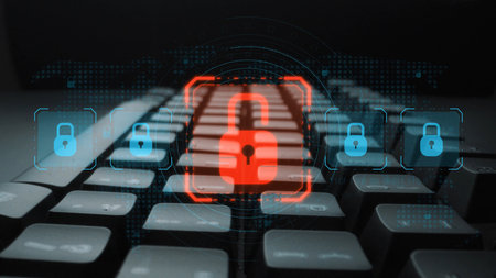 Digital security concept illustrating a cybersecurity breach, with a red unlocked padlock indicating...