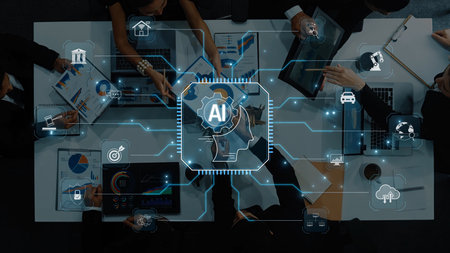 A dynamic business meeting showcasing professionals analyzing data with artificial intelligence...