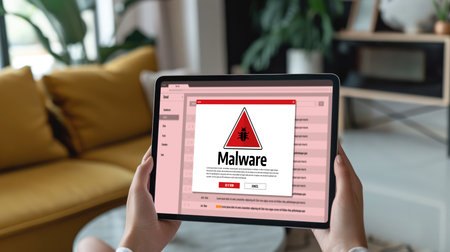 Cyber attacking concept. Malware alert showing on computer screen display scam and threat detection on computer system or online server to be removed brisk.の素材