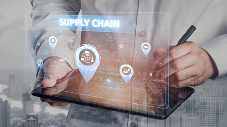 Supply chain processes with data-driven logistics, transportation, and distribution. enhances operations. Supply chain improves efficiency. Supply chain integrates logistics and delivery.の写真素材