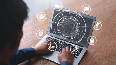 Goods delivery tracking icons show shipping, goods delivery routes, and logistics monitoring. Goods delivery tracking ensures timely goods delivery, secure handling, and accurate tracking. Gistの写真素材