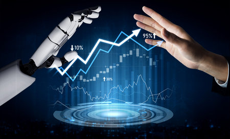 A human hand reaching out to a robotic hand symbolizes the collaboration between technology and finance, reflecting growth and innovation in the digital age.の写真素材