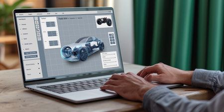 Electric car design software on computer screen showing simulation blueprint brisk by digital calculating application for manufacturing preparationの素材